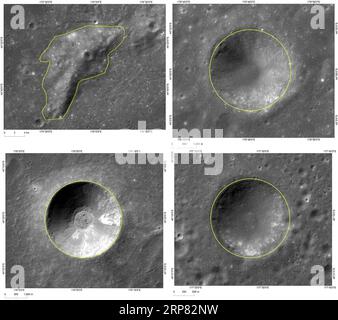 (190216) -- PÉKIN, 16 février 2019 (Xinhua) -- une photo combinée montre les images d'une colline appelée Mons Tai (haut L) et de trois cratères Tianjin (haut R), Zhinyu (bas L) et Hegu (bas R) près de Statio Tianhe , le site d'atterrissage de la sonde lunaire Chang e-4 en Chine. Le site d'atterrissage de la sonde lunaire Chang e-4 de la Chine a été nommé Statio Tianhe après que le vaisseau spatial ait effectué le premier atterrissage en douceur sur l'autre côté de la lune le mois dernier. Le site d'atterrissage de la sonde lunaire Chang e-4 de la Chine a été nommé Statio Tianhe après que le vaisseau spatial ait effectué le premier atterrissage en douceur sur l'autre côté de la lune le mois dernier. Banque D'Images