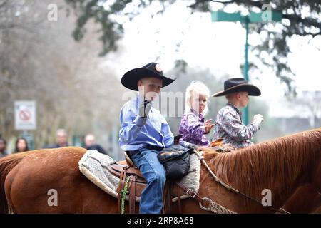 (190223) -- HOUSTON (É.-U.), le 23 février 2019 -- de jeunes cow-boys assistent au défilé annuel du rodéo de Houston à Houston, Texas, États-Unis, le 23 février 2019. Plus de 2 000 coureurs de Trail se sont rassemblés dans le centre-ville de Houston pour un défilé samedi, célébrant le Houston Livestock Show and Rodeo qui aura lieu du 25 février au 17 mars. ) U.S.-HOUSTON-RODEO-PARADE StevenxSong PUBLICATIONxNOTxINxCHN Banque D'Images