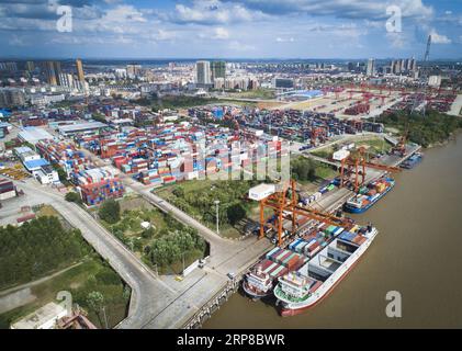 (190226) -- PÉKIN, 26 février 2019 (Xinhua) -- une photo aérienne prise le 13 août 2018 montre le port de Yangluo à Wuhan, capitale de la province du Hubei en Chine centrale. La Banque chinoise de développement (CDB), la plus grande institution de financement du développement au monde, a accordé des milliards de yuans de prêts pour soutenir le développement de la ceinture économique du fleuve Yangtze. En décembre 2018, l'encours des prêts à 11 régions provinciales le long de la ceinture s'élevait à 3,85 billions de yuans (environ 575 milliards de dollars américains), selon la CDB. Nouveaux prêts yuans à ces régions ont atteint 304,5 milliards de yuans l'année dernière, compte fo Banque D'Images