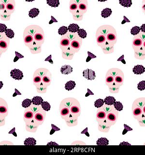 Jour des morts. Modèle sans couture de vecteur de Sugar Skuls et flowesr. Dia de los muertos. Mexique. Isoler. Toile de fond pour emballage, affiche, bannière, cartes de voeux ou d'invitation, étiquette de prix, étiquette ou web Illustration de Vecteur