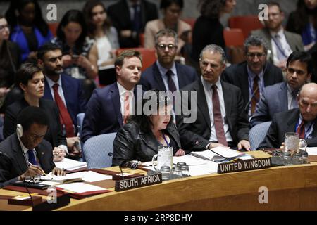 (190228) -- NATIONS UNIES, 28 février 2019 -- l'ambassadrice britannique aux Nations Unies Karen Pierce (C, front) prend la parole après que le Conseil de sécurité des Nations Unies n'ait pas adopté une résolution rédigée par la Russie sur le Venezuela, au siège des Nations Unies à New York, le 28 février 2019. Jeudi, le Conseil de sécurité de l'ONU n'a pas adopté deux projets de résolution concurrents sur le Venezuela, parrainés respectivement par les États-Unis et la Russie. ONU-CONSEIL DE SÉCURITÉ-VENEZUELA-RESOLUTIONS-ÉCHEC LIXMUZI PUBLICATIONXNOTXINXCHN Banque D'Images