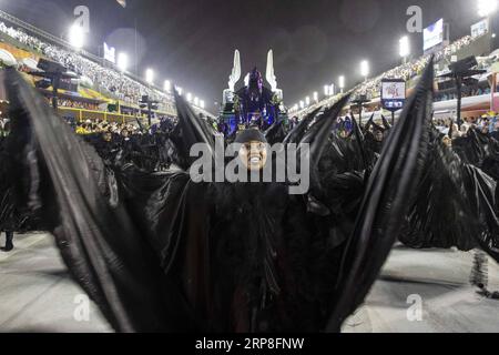 (190304) -- RIO DE JANEIRO, 4 mars 2019 -- les fêtards de l'école de samba Imperio Serrano assistent aux défilés du Carnaval de Rio 2019 au Sambadrome à Rio de Janeiro, Brésil, le 3 mars 2019. Le défilé de l'école de samba de groupe spécial a commencé le dimanche.) BRÉSIL-RIO DE JANEIRO-CARNAVAL-PARADE LIXMING PUBLICATIONXNOTXINXCHN Banque D'Images