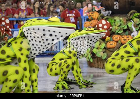 (190304) -- RIO DE JANEIRO, 4 mars 2019 -- les fêtards de l'école de samba Unidos do Viradouro assistent aux défilés du Carnaval de Rio 2019 au Sambadrome à Rio de Janeiro, Brésil, le 3 mars 2019. Le défilé de l'école de samba de groupe spécial a commencé le dimanche.) BRÉSIL-RIO DE JANEIRO-CARNAVAL-PARADE LIXMING PUBLICATIONXNOTXINXCHN Banque D'Images