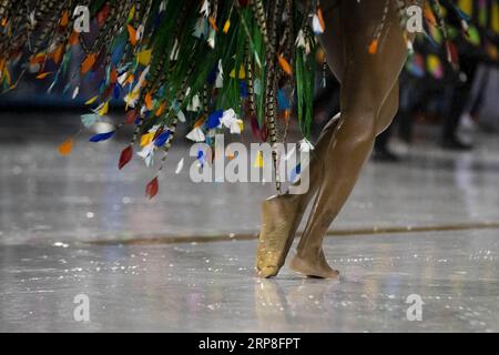 (190304) -- RIO DE JANEIRO, 4 mars 2019 -- Un fêtard de l'école de samba Imperio Serrano assiste aux défilés du Carnaval de Rio 2019 au Sambadrome à Rio de Janeiro, Brésil, le 3 mars 2019. Le défilé de l'école de samba de groupe spécial a commencé le dimanche.) BRÉSIL-RIO DE JANEIRO-CARNAVAL-PARADE LIXMING PUBLICATIONXNOTXINXCHN Banque D'Images