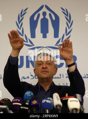 (190310) -- BEYROUTH, 10 mars 2019 (Xinhua) -- Filippo grandi, Haut Commissaire des Nations Unies pour les réfugiés, assiste à une conférence de presse à Beyrouth, Liban, le 9 mars 2019. Filippo grandi a déclaré vendredi que son agence travaillait avec les autorités syriennes pour lever les obstacles au retour des réfugiés syriens dans leur patrie, ont rapporté les médias locaux. Plus de 1 millions de réfugiés syriens se sont enregistrés auprès du HCR au Liban, tandis que le gouvernement estime le nombre réel de Syriens au Liban à 1,5 millions. (Xinhua/Bilal Jawich) LIBAN-SYRIAN REFUGEES-ONU-REFUGEES CHIEF PUBLICATIONxNOTx Banque D'Images