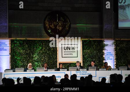 (190311) -- NAIROBI, 11 mars 2019 (Xinhua) -- une photo prise le 11 mars 2019 montre la cérémonie d'ouverture de la quatrième session de l'Assemblée des Nations Unies pour l'environnement (ANUE) à Nairobi, au Kenya. L’ANUE s’est ouverte lundi à Nairobi avec un appel de ralliement à l’adoption de technologies et d’innovations pour stimuler une croissance verte et inclusive. Plus de 4 700 délégués, dont des présidents, des ministres, des chefs d'entreprise, des scientifiques et des innovateurs, assistera à la réunion qui devrait adopter des résolutions qui aideront les sociétés à franchir le pas vers un avenir plus durable. (Xinhua/Li Yan) KENYA-NAIROBI Banque D'Images