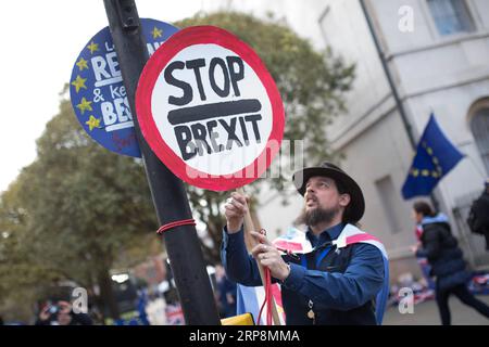 (190311) -- LONDRES, le 11 mars 2019 -- Un manifestant tient une pancarte devant les chambres du Parlement à Londres, en Grande-Bretagne, le 11 mars 2019. La première ministre britannique Theresa May devrait faire face à une nouvelle défaite au vote sur le Brexit au Parlement mardi, alors qu’elle n’a pas réussi à faire une percée dans les pourparlers avec l’Union européenne (UE). ROYAUME-UNI-LONDRES-BREXIT JoexNewman PUBLICATIONxNOTxINxCHN Banque D'Images