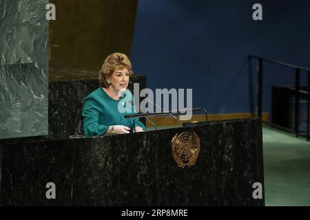 (190311) -- NATIONS UNIES, 11 mars 2019 (Xinhua) -- Geraldine Byrne Nason, Présidente de la 63e session de la Commission de la condition de la femme, prononce un discours à l'ouverture de la 63e session de la Commission de la condition de la femme (CSW63), au siège des Nations Unies à New York, le 11 mars 2019. Le Secrétaire général des Nations Unies Antonio Guterres a averti lundi qu il y avait une pression sur les droits des femmes à l échelle mondiale. (Xinhua/Li Muzi) un-CSW-63e SESSION-OUVERTURE PUBLICATIONxNOTxINxCHN Banque D'Images