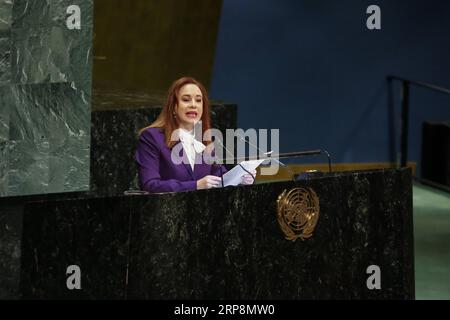 (190311) -- NATIONS UNIES, 11 mars 2019 (Xinhua) -- Maria Fernanda Espinosa Garces, présidente de la 73e session de l'Assemblée générale des Nations Unies, prononce un discours à l'ouverture de la 63e session de la Commission de la condition de la femme (CSW63), au siège des Nations Unies à New York, le 11 mars 2019. Le Secrétaire général des Nations Unies Antonio Guterres a averti lundi qu il y avait une pression sur les droits des femmes à l échelle mondiale. (Xinhua/Li Muzi) un-CSW-63e SESSION-OUVERTURE PUBLICATIONxNOTxINxCHN Banque D'Images