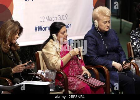 (190312) -- NATIONS UNIES, 12 mars 2019 -- le président népalais Bidhya Devi Bhandari (C) prend la parole lors d'une table ronde d'un événement de haut niveau sur les femmes au pouvoir au siège des Nations Unies à New York, le 12 mars 2019. Maria Fernanda Espinosa Garces, présidente de l'Assemblée générale des Nations Unies, a accueilli mardi l'événement de haut niveau sur les femmes au pouvoir et a souligné les avantages de la participation des femmes à la vie politique, y compris la stabilité économique et la promotion de lois plus justes. ÉVÉNEMENT DE HAUT NIVEAU-FEMMES EN POUVOIR LIXMUZI PUBLICATIONXNOTXINXCHN Banque D'Images