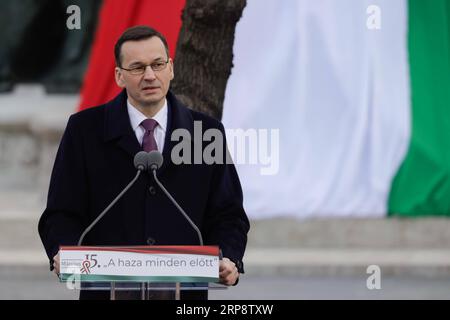 (190315) -- BUDAPEST, le 15 mars 2019 -- le Premier ministre polonais Mateusz Morawiecki prend la parole à l'occasion de la fête nationale hongroise à Budapest, Hongrie, le 15 mars 2019. Le Premier ministre hongrois Viktor Orban a parlé de l importance de la liberté pour les pays et les peuples européens, et de la longue et profonde amitié qui unit son pays à la Pologne, dans son discours prononcé vendredi à l occasion de la fête nationale hongroise. HONGRIE-BUDAPEST-FÊTE NATIONALE AttilaxVolgyi PUBLICATIONxNOTxINxCHN Banque D'Images