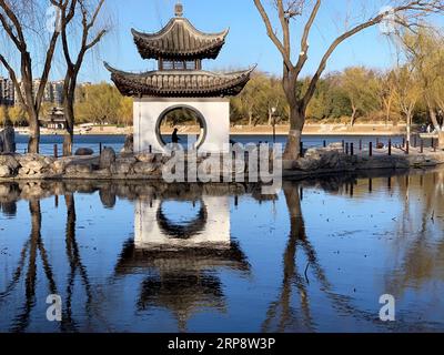 (190316) -- PÉKIN, 16 mars 2019 (Xinhua) -- une photo prise avec un téléphone portable montre un homme marchant dans le parc Taoranting à Pékin, capitale de la Chine, le 12 mars 2019. (Xinhua/Zhang Haofu) PHOTOS XINHUA DU JOUR PUBLICATIONxNOTxINxCHN Banque D'Images