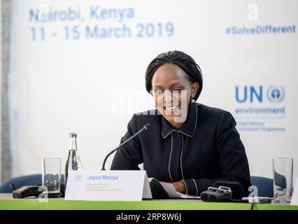 (190316) -- NAIROBI, 16 mars 2019 (Xinhua) -- Joyce Msuya, directrice exécutive par intérim du Programme des Nations Unies pour l'environnement, assiste à la conférence de presse de clôture de la quatrième session de l'Assemblée des Nations Unies pour l'environnement (UNEA4) à Nairobi, Kenya, le 15 mars 2019. L’UNEA4, qui s’est achevée vendredi, a défini une feuille de route ambitieuse pour réaliser la durabilité dans la production et la consommation des biens. (Xinhua/Zhang Yu) KENYA-NAIROBI-ONU ENVIRONMENT ASSEMBLY-CLOSE PUBLICATIONxNOTxINxCHN Banque D'Images