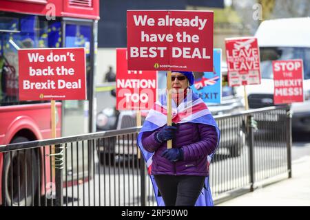 (190319) -- LONDRES, le 19 mars 2019 -- Un manifestant tient une pancarte devant les chambres du Parlement à Londres, en Grande-Bretagne, le 19 mars 2019. Downing Street a confirmé mardi que la première ministre britannique Theresa May écrira au président du Conseil européen Donald Tusk pour demander que le départ de la Grande-Bretagne du bloc soit retardé. GRANDE-BRETAGNE-LONDRES-BREXIT-MANIFESTATION StephenxChung PUBLICATIONxNOTxINxCHN Banque D'Images