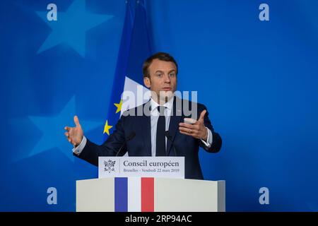 (190322) -- BRUXELLES, le 22 mars 2019 -- le président français Emmanuel Macron assiste à une conférence de presse après le sommet de printemps de l'UE à Bruxelles, Belgique, le 22 mars 2019. BELGIQUE-BRUXELLES-UE-SOMMET-CONFÉRENCE DE PRESSE EUROPEANXUNION PUBLICATIONXNOTXINXCHN Banque D'Images