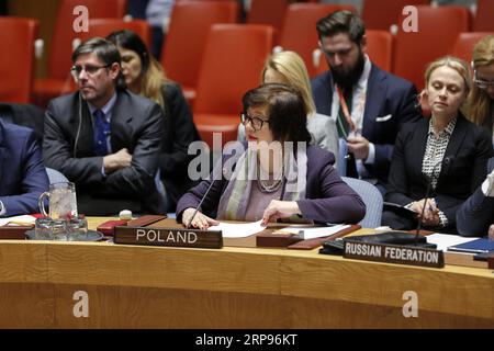 (190326) -- NATIONS UNIES, 26 mars 2019 -- Représentante permanente de la Pologne auprès des Nations Unies Joanna Wronecka (Front), également présidente du Comité des sanctions du Conseil de sécurité des Nations Unies sur le Soudan, informe le Conseil de sécurité des Nations Unies sur les travaux du comité lors d'une réunion sur la situation au Soudan et au Soudan du Sud au siège de l'ONU à New York, le 26 mars 2019. ) RÉUNION-CONSEIL DE SÉCURITÉ-SOUDAN-SOUDAN DU SUD LIXMUZI PUBLICATIONXNOTXINXCHN Banque D'Images