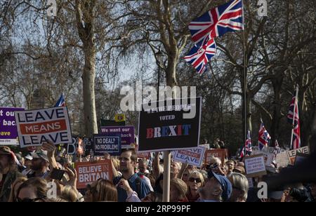 (190329) -- LONDRES, 29 mars 2019 (Xinhua) -- des manifestants pro-Brexit manifestent devant les chambres du Parlement à Londres, en Grande-Bretagne, le 29 mars 2019. Vendredi, les législateurs britanniques ont voté pour rejeter l accord de Brexit de la première ministre Theresa May, qui a déjà été rejeté deux fois au Parlement depuis janvier. (Xinhua/Han Yan) GRANDE-BRETAGNE-LONDRES-BREXIT ACCORD-REJET PUBLICATIONxNOTxINxCHN Banque D'Images