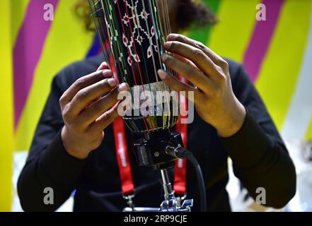 (190402) -- FRANCFORT, 2 avril 2019 (Xinhua) -- un homme joue du Sasando, un instrument traditionnel indonésien, au Musikmesse de Francfort, Allemagne, le 2 avril 2019. L'événement de quatre jours Musikmesse, le salon européen leader de l'industrie de la musique, a débuté mardi. (Xinhua/lu Yang) ALLEMAGNE-FRANCFORT-SALON-MUSIKMESSE PUBLICATIONxNOTxINxCHN Banque D'Images