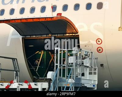 (190405) -- COPENHAGUE, 5 avril 2019 (Xinhua) -- Xing er et Mao er, deux pandas géants de Chine, sont déchargés d'un avion cargo à l'aéroport de Kastrup à Copenhague, Danemark, le 4 avril 2019. Après leur arrivée à Copenhague jeudi, les deux pandas géants Xing er, un mâle de 5 ans, et Mao er, une femelle de 4 ans, se rendront dans leur nouvelle maison au zoo de Copenhague pour des recherches collaboratives. Ils vivront au Danemark pendant 15 ans, selon l’accord signé entre l’Association chinoise des jardins zoologiques et le zoo en 2017. (Xinhua/Li Pengfei) DANEMARK-COPENHAGUE-CHINE-PANDAS GÉANTS Banque D'Images