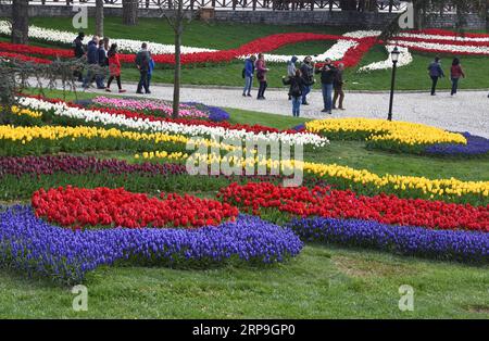 190406 -- ISTANBUL, le 6 avril 2019 Xinhua -- les gens visitent le parc Emirgan parmi les tulipes en fleurs à Istanbul, Turquie, le 6 avril 2019. Les tulipes du parc Emirgan sont entrées dans une période de pleine floraison, attirant un grand nombre de visiteurs. Xinhua/Xu Suhui TURQUIE-ISTANBUL-TULIPES PUBLICATIONxNOTxINxCHN Banque D'Images