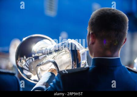 02 septembre 2023 : l'Air Force Band dans le tunnel lors d'un match de football de saison régulière de la NCAA entre les Colonials de Robert Morris et les Falcons de l'Air Force le 02 septembre 2023, au Falcon Stadium de l'United States Air Force Academy, CO. Mat Gdowski/CSM Banque D'Images