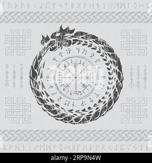 Symbole blanc viking dragon abstrait avec des runes Illustration de Vecteur