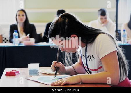 (190413) -- RIGA, le 13 avril 2019 -- Une fille dessine lors du concours de compétence chinoise du 16e pont chinois à l'Université de Lettonie à Riga, Lettonie, le 12 avril 2019. Le 16e pont chinois, un concours annuel de compétences en chinois pour les écoliers, les étudiants et les adultes apprenant le chinois, a eu lieu à l'Université de Lettonie vendredi et samedi. LETTONIE-RIGA-CHINESE COMPETITION Janis PUBLICATIONxNOTxINxCHN Banque D'Images