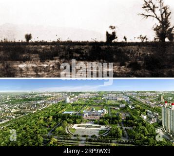 (190418) -- URUMQI, 18 avril 2019 () -- une photo combinée montre une photo de fichier non datée de Shehezi (ci-dessus) avant explorée, dans le nord-ouest de la Chine, la région autonome ouïgoure du Xinjiang dans les années 1950 fournie par le Musée de la production et de la construction du Xinjiang corps de récupération de l'armée, et la vue estivale de Shehezi au cours de la dernière année fournie par le corps de production et de construction du Xinjiang. Shihezi, à environ 150 kilomètres au nord-ouest d'Urumqi, est une jeune ville qui a été établie dans les années 1950 dans le désert de gobi dans le Xinjiang. Merci aux efforts de plusieurs générations du peuple Xinjiang et de la production Xinjiang et Banque D'Images