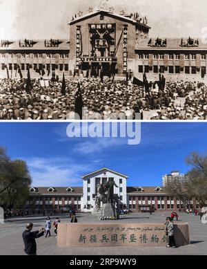 (190418) -- URUMQI, 18 avril 2019 () -- une photo combinée montre l'immeuble de bureaux du quartier général du 22e corps du corps de production et de construction du Xinjiang (ci-dessus) à Shihezi, dans la région autonome ouïgoure du Xinjiang du nord-ouest de la Chine, prise en octobre 1952, et le Musée de la production et de la reconstruction du corps de construction du Xinjiang reconstruit au même endroit ci-dessus pris par Wangfei le 9 avril 2019. Shihezi, à environ 150 kilomètres au nord-ouest d'Urumqi, est une jeune ville qui a été établie dans les années 1950 dans le désert de gobi dans le Xinjiang. Merci aux efforts de plusieurs générations de Xinjiang p Banque D'Images