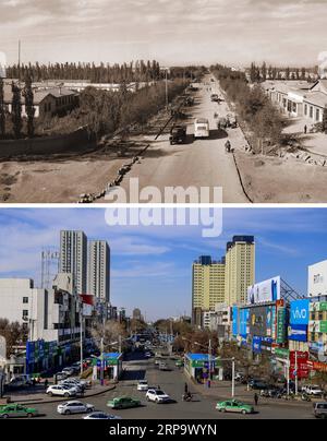 (190418) -- URUMQI, 18 avril 2019 () -- une photo combinée montre une photo de fichier non datée d'une route du sous-district de Xincheng (ci-dessus) à Shehezi, dans la région autonome Uygur du Xinjiang du nord-ouest de la Chine dans les années 1950 fournie par le Musée de la production et de la reconstruction du corps de construction du Xinjiang, et la vue de la même route prise par Wangfei le 9 avril 2019. Shihezi, à environ 150 kilomètres au nord-ouest d'Urumqi, est une jeune ville qui a été établie dans les années 1950 dans le désert de gobi dans le Xinjiang. Grâce aux efforts de plusieurs générations du peuple du Xinjiang et du corps de production et de construction du Xinjiang, i. Banque D'Images