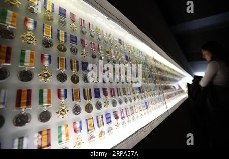 (190425) -- MELBOURNE, le 25 avril 2019 -- Une femme voit des badges au sanctuaire du souvenir à Melbourne, en Australie, le 25 avril 2019. Célébrée le 25 avril de chaque année, la Journée de l ANZAC est la journée nationale de commémoration de l Australie et de la Nouvelle-Zélande pour le personnel qui a servi et qui est mort dans les guerres, les conflits et les opérations de maintien de la paix. AUSTRALIA-MELBOURNE-ANZAC DAY BaixXuefei PUBLICATIONxNOTxINxCHN Banque D'Images