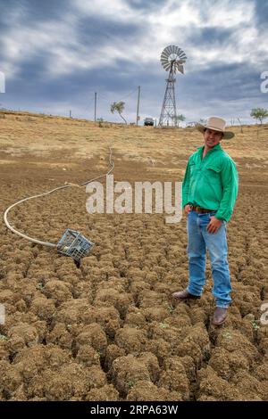 Grazier, James Walker sur sa ferme de moutons desséchée par la sécheresse dans le Queensland Banque D'Images