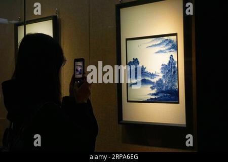 (190427) -- PÉKIN, 27 avril 2019 (Xinhua) -- un visiteur prend une photo d'une peinture sur porcelaine réalisée par l'artiste Sun Lixin à l'exposition d'art céramique Sun Lixin qui s'est tenue dans la demeure du Prince Kung dans le district de Xicheng à Pékin, capitale de la Chine, le 27 avril 2019. Environ 60 pièces de porcelaine fabriquées ces dernières années par Sun Lixin, le seul de la quatrième génération de la famille à avoir hérité de la compétence de peinture bleu et blanc, sont exposées jusqu'en avril 28 dans le manoir du Prince Kung basé à Pékin. Une collection de peintures sur porcelaine bleu et blanc créées par Sun représentant l'ancienne route de la soie sont également e Banque D'Images