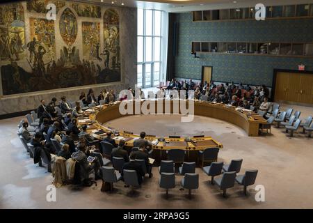 Actualités Bilder des Tages (190430) -- NATIONS UNIES, 30 avril 2019 -- la photo prise le 30 avril 2019 montre que le Conseil de sécurité des Nations Unies tient une réunion sur la situation au Sahara Occidental, au siège de l'ONU à New York. Le Conseil de sécurité de l'ONU a adopté mardi une résolution visant à renouveler le mandat de la Mission des Nations Unies pour l'organisation d'un référendum au Sahara Occidental (MINURSO) pour une nouvelle période de six mois, jusqu'au 31 octobre 2019. ) CONSEIL DE SÉCURITÉ des Nations Unies - SAHARA occidental LixMuzi PUBLICATIONxNOTxINxCHN Banque D'Images