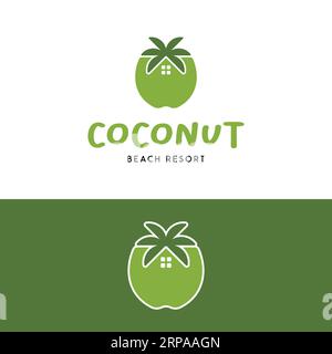 Fruits de coco avec des feuilles et logo de la maison dans un style propre simple pour Beach Resort Hotel Cottage Villa Property Apartment Company ou Coconut Business Illustration de Vecteur