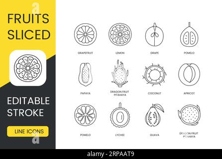 Tranche de fruits, jeu d'icônes de ligne vectorielle, trait modifiable. Morceaux de goyave et litchi, pomelo et abricot, noix de coco et dragon, fruits et pitahaya, papaye Illustration de Vecteur