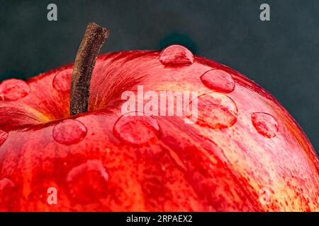 Gros plan du sommet d'une pomme rouge avec des gouttelettes d'eau Banque D'Images