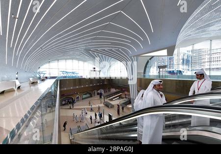 (190509) -- DOHA, 9 mai 2019 -- une photo prise le 8 mai 2019 montre une vue intérieure de la gare principale Al Mushaireb de la ligne rouge sud du métro de Doha, nouvellement ouverte, à Doha, capitale du Qatar. La ligne rouge du métro de Doha a commencé ses opérations partielles mercredi, longeant la côte depuis le district d'al-Qassar dans la capitale, Doha, jusqu'à la ville méridionale d'al-Wakrah. Nikku) QATAR-DOHA-METRO LIGNE ROUGE-OPÉRATION yangyuanyong PUBLICATIONxNOTxINxCHN Banque D'Images