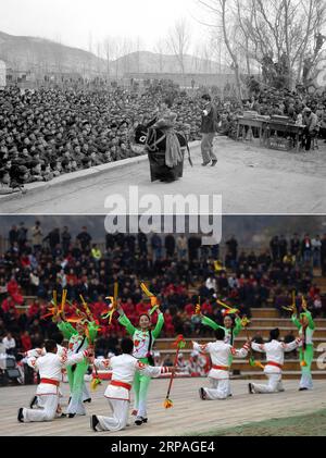 (190509) -- YAN AN, 9 mai 2019 (Xinhua) -- la photo combinée montre des artistes se produisant dans le comté de Zhidan de Yan an an, province du Shaanxi du nord-ouest de la Chine le 31 mars 1982 (photo du haut) et des visiteurs regardant la performance au village de Fengjiaying dans le district d'Ansai de Yan an an le 19 octobre 2018 (en bas, prise par Liu Xiao). Yan an, une ancienne base révolutionnaire du Parti communiste chinois (PCC), n’est plus qualifiée de pauvre, ses deux derniers comtés pauvres ayant ébranlé la pauvreté, a annoncé mardi le gouvernement provincial du Shaanxi. (XINHUA) CHINA-SHAANXI-YAN AN AN-GREAT CHANGE (CN) PUBLICATIONXNOTXINXCHN Banque D'Images