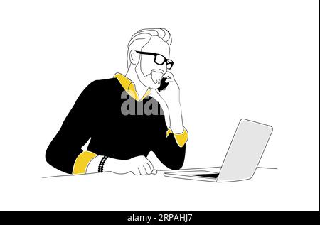 Homme d'affaires assis au bureau travaillant sur un ordinateur portable Illustration de Vecteur