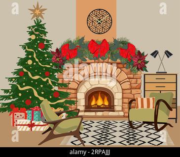 Salon décoré pour scène vectorielle de Noël. Illustration de Vecteur