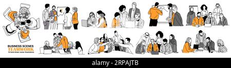 Dessins vectoriels de scènes d'affaires de concept de travail d'équipe. Illustration de Vecteur