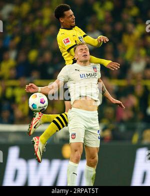 Felix Nmecha, BVB 8 en compétition pour le ballon, attaque, duel, header, zweikampf, action, lutte contre Lennard Maloney, HDH Nr. 33 dans le match BORUSSIA DORMUND - 1. FC HEIDENHEIM 2-2 le 1 septembre 2023 à Dortmund, Allemagne. Saison 2023/2024, 1.Bundesliga, BVB, Matchday 3, 3.Spieltag © Peter Schatz / Alamy Live News - LA RÉGLEMENTATION DFL INTERDIT TOUTE UTILISATION DE PHOTOGRAPHIES comme SÉQUENCES D'IMAGES et/ou QUASI-VIDÉO - Banque D'Images