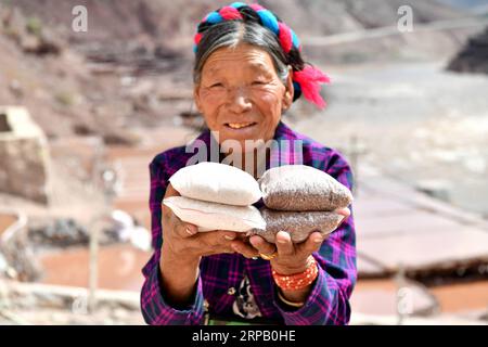 (190523) -- LHASSA, 23 mai 2019 (Xinhua) -- Un villageois montre des produits salés dans le comté de Mangkam, dans la région autonome du Tibet du sud-ouest de la Chine, le 22 mai 2019. Une ancienne technique de production de sel depuis la dynastie Tang (618-907) est bien conservée dans le comté de Mangkam. Les populations locales suivent une méthode de récolte du sel en recueillant les saumures des mines de sel et des étangs et en les évaporant au soleil jusqu'à cristallisation. (Xinhua/Li Xin) CHINE-TIBET-MANGKAM-PRODUCTION DE SEL (CN) PUBLICATIONxNOTxINxCHN Banque D'Images