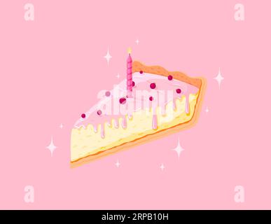Gâteau au fromage aux baies morceau de gâteau étincelant fond rose plat. Modèle concept carte de voeux économiseur d'écran faire un rêve magique rouge baies crème dessert étoile scintillante mignon Kawaii autocollant isolé Illustration de Vecteur