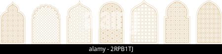 Fenêtres en arc d'Arabie, mosquées façonnent des éléments graphiques de l'islam. Fenêtre décorative arabe, architecture musulmane ornée d'une belle conception vectorielle racée Illustration de Vecteur