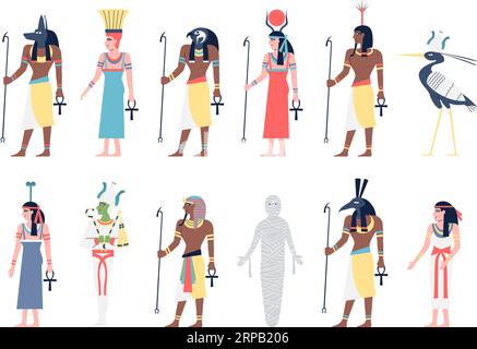 Caractères égyptiens. Déesse égyptienne et dieu, rois anciens. Caractère plat historique, dieux ra et osiris. Pharaon, figures de musée ensemble de vecteurs récents Illustration de Vecteur
