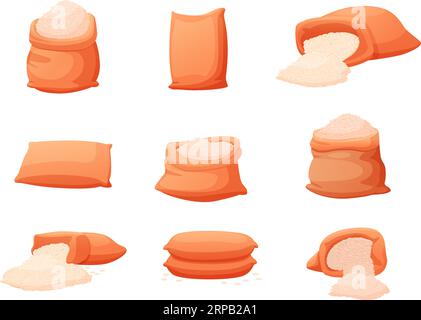 Sacs de riz isolés. Ingrédient de sac, sacs pleins de nourriture, céréales et graines. Stockage de pile d'emballage sacking, récolte agricole collection de vecteur aujourd'hui Illustration de Vecteur