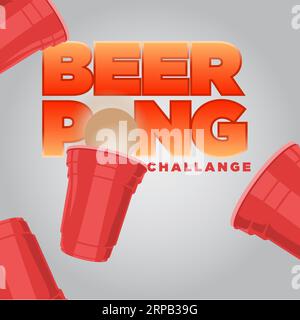 bière pong challange. bannière de médias sociaux de taille carrée de style moderne avec verre volant et effet de texte 3d. modèle d'affiche d'illustration vectorielle de bière pong Illustration de Vecteur