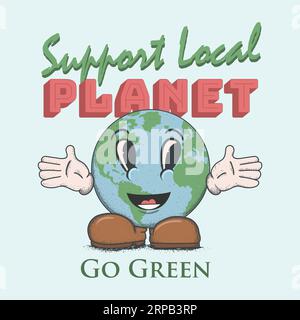 suport local planet go green concept. campagne go green. earth happy face mascotte illustration vectorielle de style rétro Illustration de Vecteur